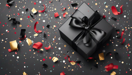 black gift boxes with ribbon and confetti on black background with blank space. new year. Birthday or black friday, holiday conceptの素材
