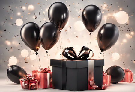 gift box with balloons, birthday concert or black friday discountsの素材