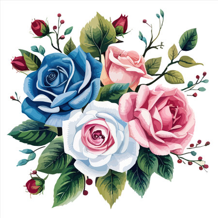 Watercolor flowers bouquets isolated on white background. Stylish fall wedding bunch of flowers red and blue with pink rosesElements are isolated and editable. Vector illustrationのイラスト素材