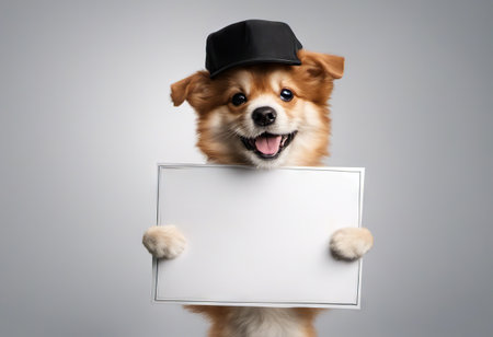 Cute puppy dog in a cap holds with paws sign for text on white backgroundの素材