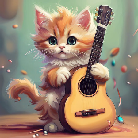 fluffy fat cat plays the electric guitar and sings.の素材