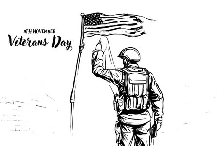 Sketch Veterans day simple vector banner, poster, background with flag and soldier. Sketch art with text happy Veterans day.のイラスト素材