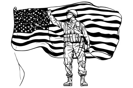 Sketch Veterans day simple vector banner, poster, background with flag and soldier. Sketch art with text happy Veterans day.のイラスト素材