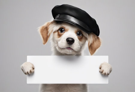 Cute puppy dog in a cap holds with paws sign for text on white backgroundの素材