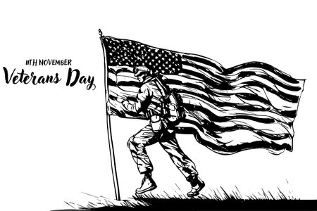 Sketch stylized soldier with america flag, memorial day conceptのイラスト素材