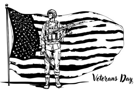 Sketch Happy Memorial Day. Remember And Honor. Silhouette Of Soldier holding On American Flag.のイラスト素材