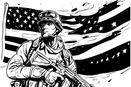 Sketch Veterans day simple vector banner, poster, background with flag and soldier. Sketch art with text happy Veterans day.のイラスト素材