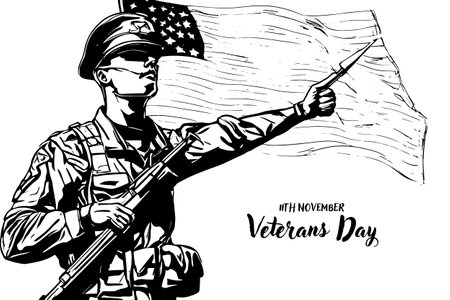 Sketch Veterans day simple vector banner, poster, background with flag and soldier. Sketch art with text happy Veterans day.のイラスト素材