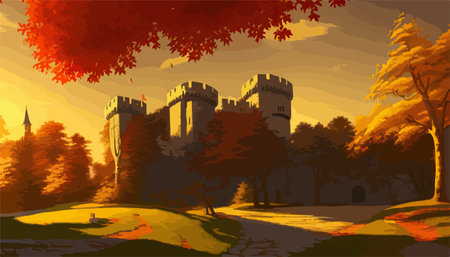 A large castle with a tower on top of a hill surrounded by autumn trees, vector illustrationの写真素材