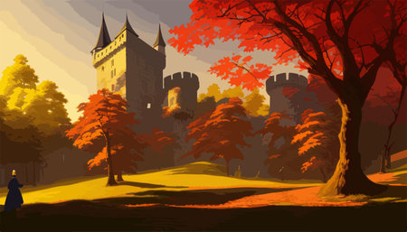 A large castle with a tower on top of a hill surrounded by autumn trees, vector illustrationの写真素材