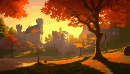A large castle with a tower on top of a hill surrounded by autumn trees, vector illustrationの写真素材