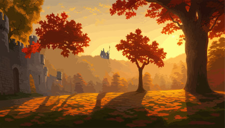 A large castle with a tower on top of a hill surrounded by autumn trees, vector illustrationの写真素材