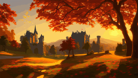 A large castle with a tower on top of a hill surrounded by autumn trees, vector illustrationの写真素材