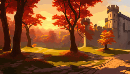 A large castle with a tower on top of a hill surrounded by autumn trees, vector illustrationの写真素材