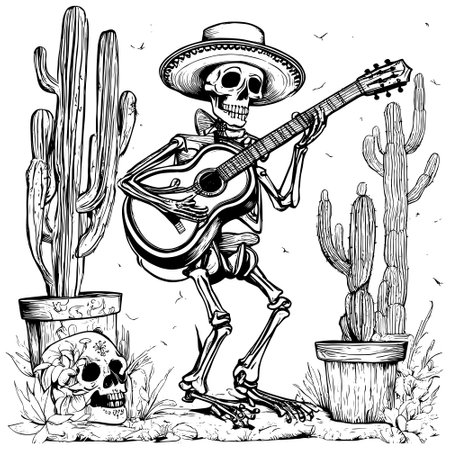 Sketch Day of the Dead, Dia de los Muertos. Skeleton in Mexican national costumes dance, sing and play the guitar. Against a background with cactiの写真素材