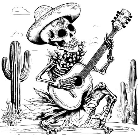 Sketch Day Dead, Dia de los Muertos. Sing and play guitar. Against background with cactiの写真素材