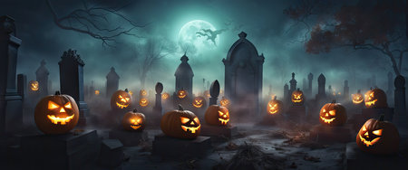 halloween graveyard scene banner. Haunting nightmare halloween background, horror castle scenery scary pumpkins at tomb stones grave in dark forest hill, illustration of graveyard halloween.の素材