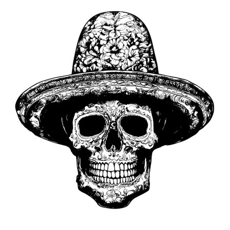 Day of The Dead, Human skull in flowers sketch hand drawn engraved style Vector illustration.
