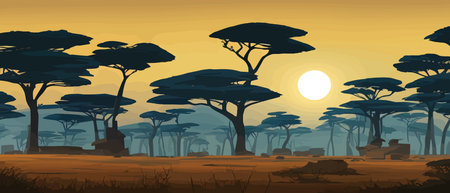 African savannah landscape with green trees and simple grasslands against backdrop of the jungle sky. Kenya panoramic view, mountains and skyline, wildlife, vector illustration with animalsのイラスト素材