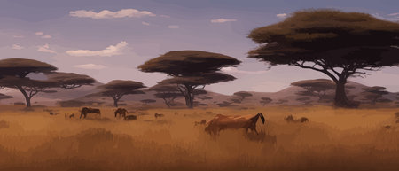Wild savanna landscape. Savannah, wild African nature with trees, grass, sand and animals. Africa landscape panorama. Kenya National Park, panoramic view. Vector illustrationのイラスト素材