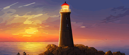 Illumination from the lighthouse from mainland, moon on background or sunset, vector background, vector drawing by hand and digital illustration, created without a reference image.のイラスト素材