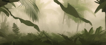 Tropical pattern with vintage palm trees. Tropical foggy forest vector illustration.のイラスト素材