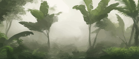 Tropical pattern with vintage palm trees. Tropical foggy forest vector illustration.のイラスト素材
