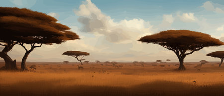 African savannah landscape with green trees and simple grasslands against backdrop of the jungle sky. Kenya panoramic view, mountains and skyline, wildlife, vector illustration with animalsのイラスト素材