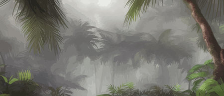 Tropical foggy forest with palm trees and green leaves. Banner for the travel and tourism industry, summer season, print for fabrics. Vector illustrationのイラスト素材