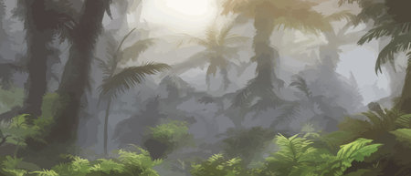 Tropical foggy forest with palm trees and green leaves. Banner for the travel and tourism industry, summer season, print for fabrics. Vector illustrationのイラスト素材