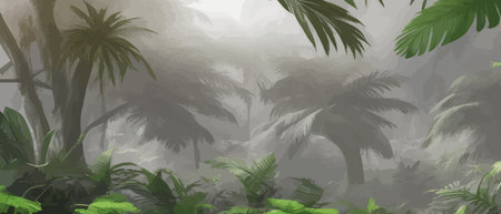 Tropical foggy forest with palm trees and green leaves. Banner for the travel and tourism industry, summer season, print for fabrics. Vector illustrationのイラスト素材