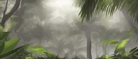 Tropical pattern with vintage palm trees. Tropical foggy forest vector illustration.のイラスト素材