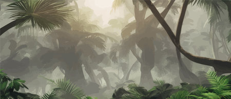 Tropical foggy forest with palm trees and green leaves. Banner for the travel and tourism industry, summer season, print for fabrics. Vector illustrationのイラスト素材