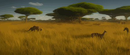 Wild savanna landscape. Savannah, wild African nature with trees, grass, sand and animals. Africa landscape panorama. Kenya National Park, panoramic view. Vector illustrationのイラスト素材