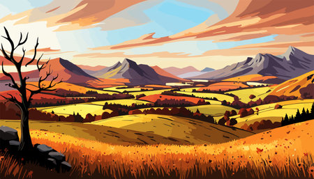 Original painting of beautiful autumn landscape, forest, mountains and river on canvas.Modern Impressionism, modernism, vector illustration. Vector illustrationのイラスト素材