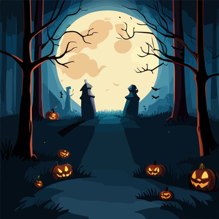Halloween Pumpkins and Silhouettes trees in dark night forest with blue tint fog. Fantastic mysterious landscape. Foggy forest background. Paranormal, mystical concept. Vector illustration.のイラスト素材