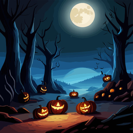 Halloween tradition symbols. Pumpkins and dark forest on blue Moon background, vector illustration.のイラスト素材