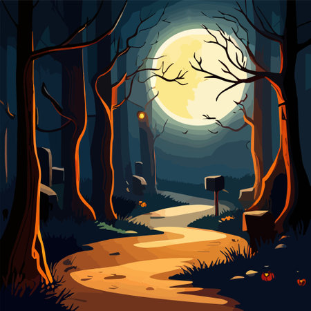 Halloween Pumpkins and Silhouettes trees in dark night forest with blue tint fog. Fantastic mysterious landscape. Foggy forest background. Paranormal, mystical concept. Vector illustration.のイラスト素材