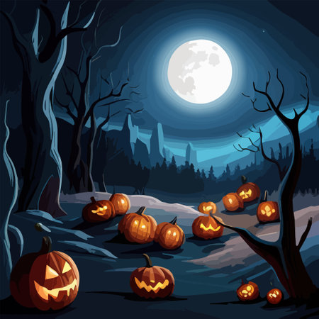 Halloween scene. Night Mysterious Misty Forest with glowing pumpkins against the background of the full moon, vector illustration of halloweenのイラスト素材