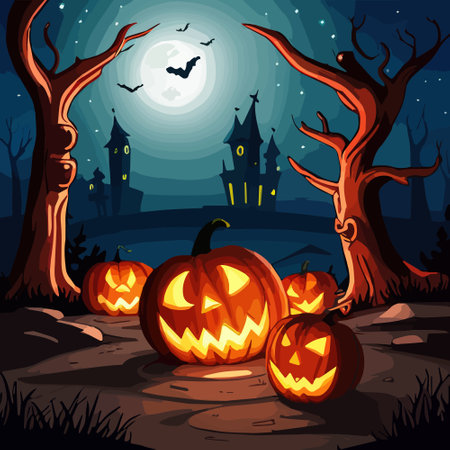 Halloween tradition symbols. Pumpkins and dark forest on blue Moon background, vector illustration.のイラスト素材