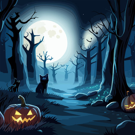 Halloween scene. Night Mysterious Misty Forest with glowing pumpkins against the background of the full moon, vector illustration of halloweenのイラスト素材