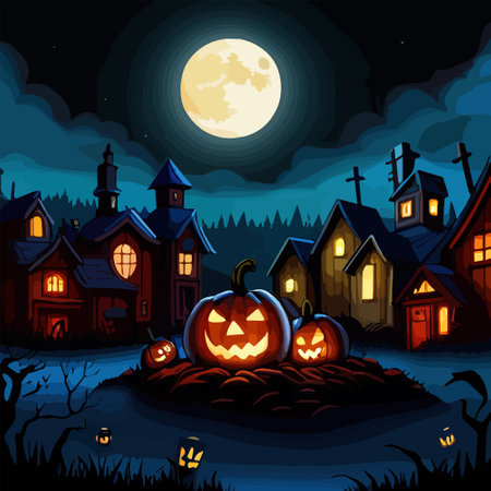 Halloween tradition symbols. Pumpkins and dark forest on blue Moon background, vector illustration.のイラスト素材