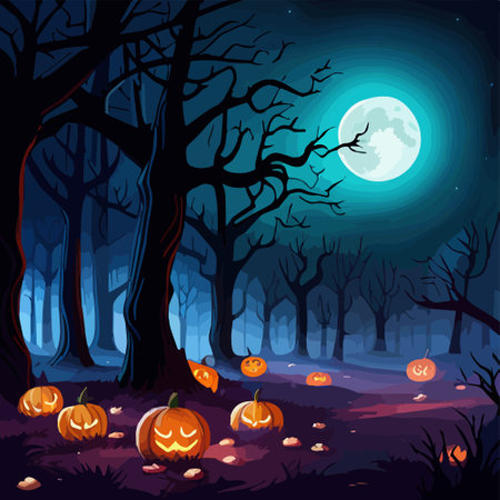 Halloween tradition symbols. Pumpkins and dark forest on blue Moon background, vector illustration.のイラスト素材