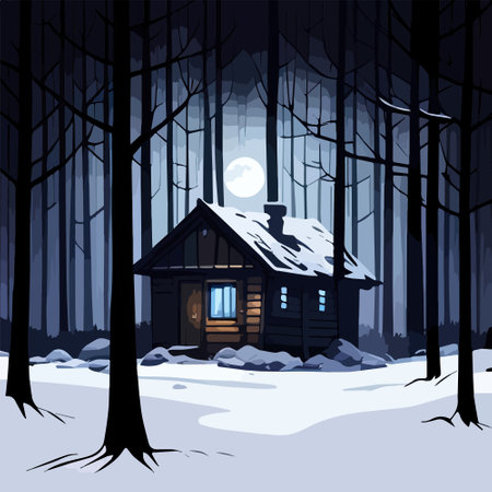 Small wooden hut in fairy dark forest in snowy Around hut on snow trail, vector illustrationのイラスト素材