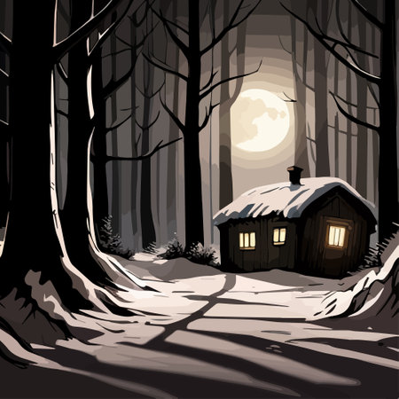 Landscape with moon moonlit night dark mysterious black forest and a home cottage house in winter, vector illustrationのイラスト素材