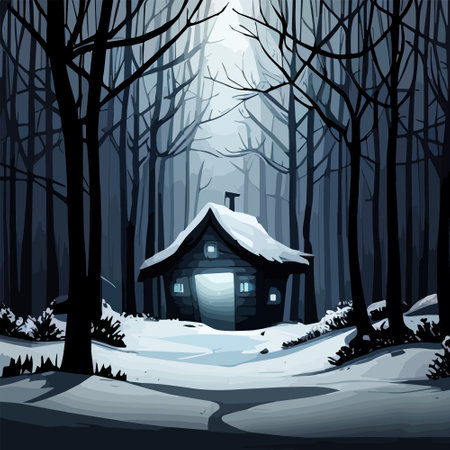 Small wooden hut in fairy dark forest in snowy Around hut on snow trail, vector illustrationのイラスト素材