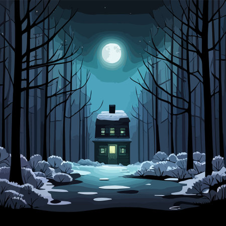 Landscape with moon moonlit night dark mysterious black forest and a home cottage house in winter, vector illustrationのイラスト素材