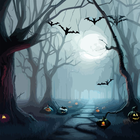 Dark forest Halloween background with bats, trees. Halloween purple, violet template. Vector illustration.のイラスト素材