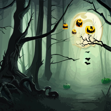 Halloween pumpkins in the dark spooky forest. Vector Illustration for Halloween.のイラスト素材