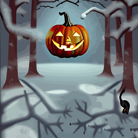 Halloween carved pumpkins and bats in the snowy forest vector illustration. Vector illustrationのイラスト素材